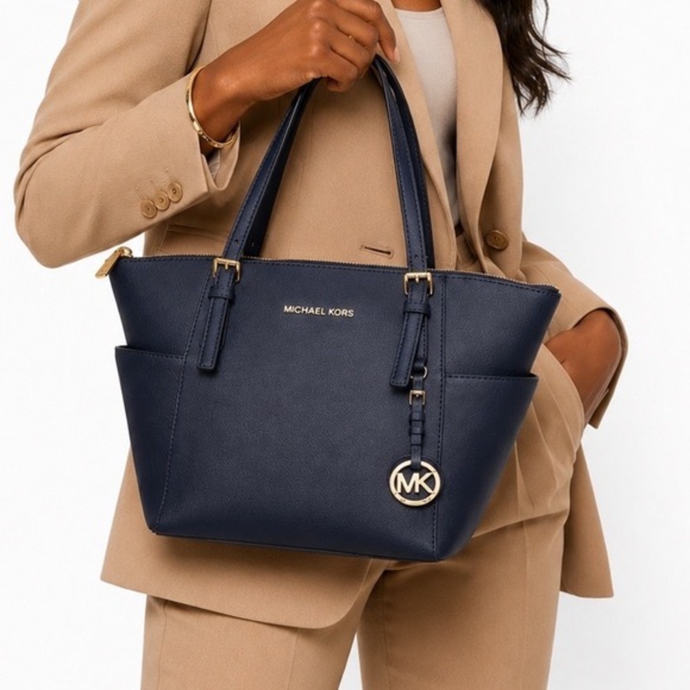Michael Kors Jet Set East West Top Zip Tote Navy Blue Saffiano Leather Bag 36-11